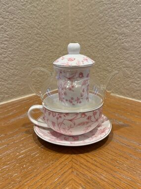 NWOT Grace Teaware Porcelain Pink Floral Teacup Set with Glass Infuser & Saucer
